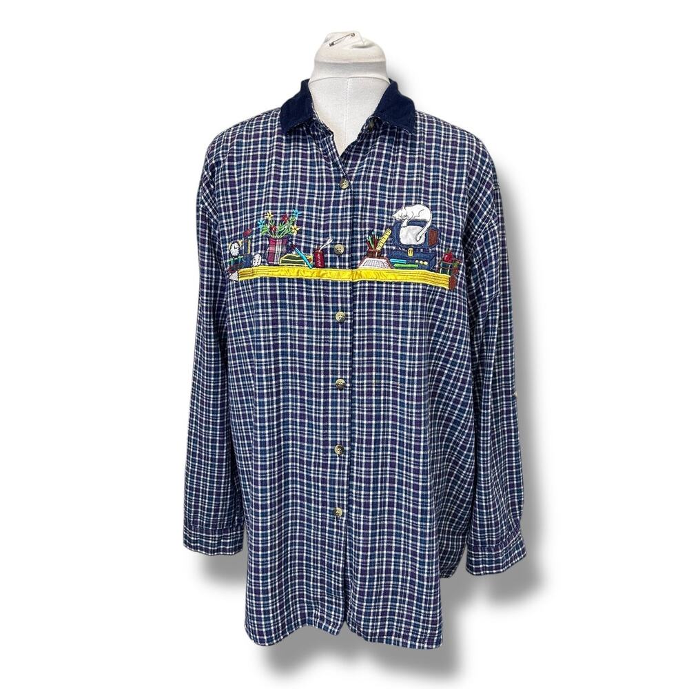 Casual Corner Woman Long Sleeve Plaid Applique Button Down Shirt VTG 90s 22W